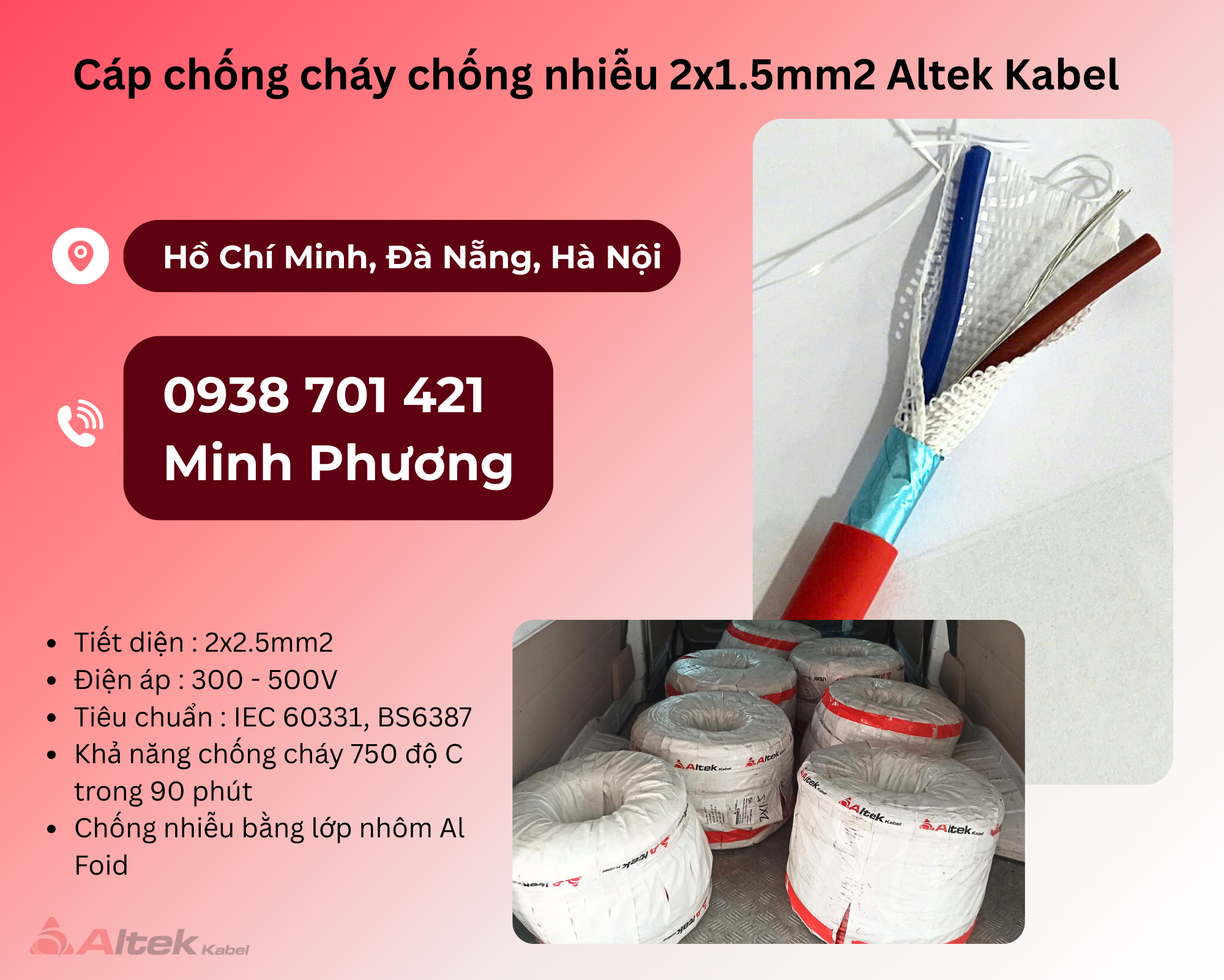 Cáp chống cháy chống nhiễu Altek Kabel 2x1.5 Đà Nẵng, Quảng Ngãi, Quảng Trị